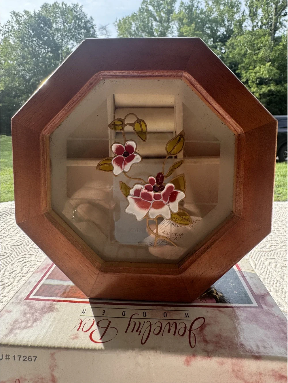 Vintage Octagonal Wooden Jewelry Box with Floral Glass Lid - With box!